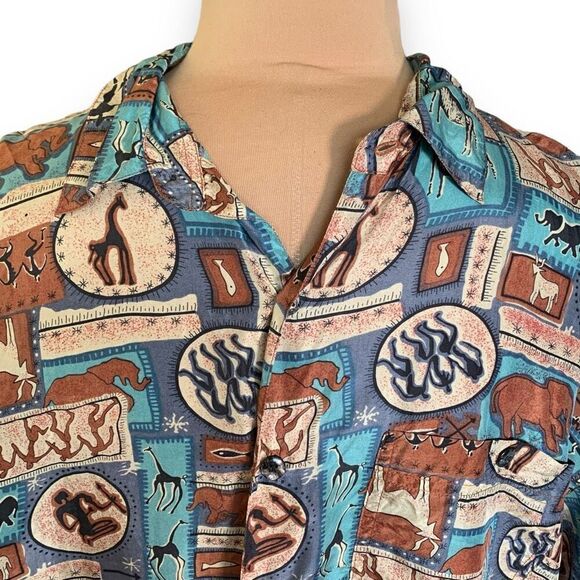 Vintage One Eight Hundred Shirt Aqua Blue Native Art Printed Short Sleeve Silk - Picture 3 of 8